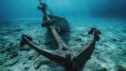 Anchor of old ship underwater on the bottom of the ocean