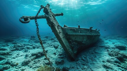 Anchor of old ship underwater on the bottom of the ocean - obrazy, fototapety, plakaty