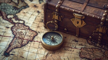 compass lying on vintage map with treasure chest