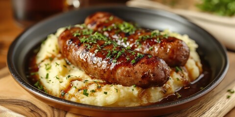 Bangers and Mash Elegance: British Pub Classic. Dive into A Symphony of Succulent Sausages and Creamy Mashed Potatoes. Picture the Bangers and Mash Elegance in a Classic British Pub with Soft Lighting