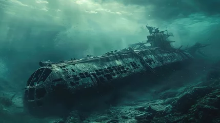 Poster Destroyed submarine under water. Marine failed technology concept © buraratn