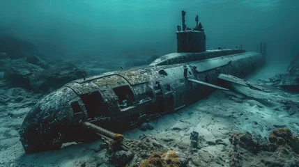 Rolgordijnen Destroyed submarine under water. Marine failed technology concept © buraratn