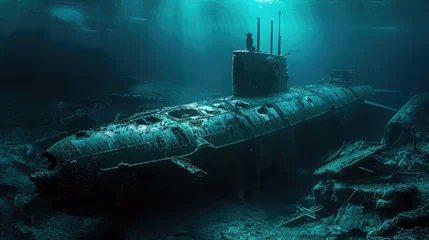 Gordijnen Destroyed submarine under water. Marine failed technology concept © buraratn