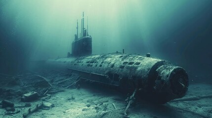 Destroyed submarine under water. Marine failed technology concept