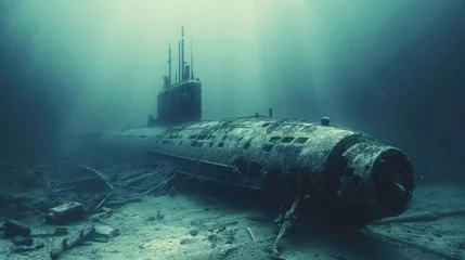 Poster Destroyed submarine under water. Marine failed technology concept © buraratn