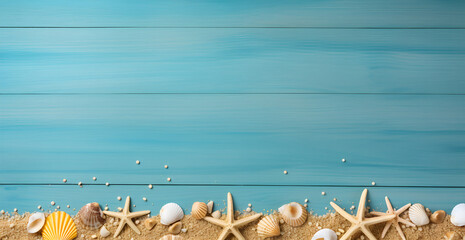 Beach vacation themed background, marine elements and blue colors referring to the sea and tropical places