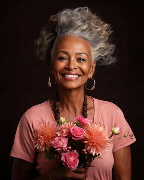Confident mature black woman with stunning silver hairstyle smiling and holding a colorful bouquet of flowers in springtime