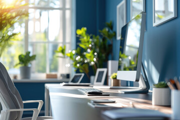 The interior of the workspace is an open space in the midnight blue color scheme, with natural lighting