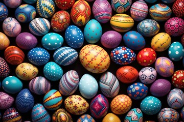 Fototapeta na wymiar Beautiful colorful easter eggs background in various sizes, in different patterns and colors, top view