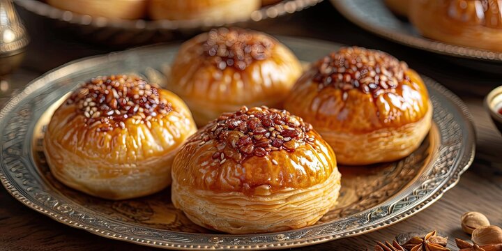 Ma'amoul Elegance - Culinary Fusion of Date or Nut-filled Pastries. Immerse in A Flavorful Tapestry of Baked Goodness. Picture the Ma'amoul Elegance in a Traditional Bakery with Soft Lighting