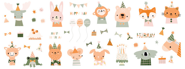Funny animal characters. Kids, baby vector illustration. Happy birthday elements
