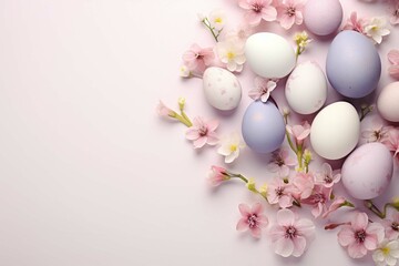 Fototapeta na wymiar Happy Easter! Colorful Easter eggs with blossoms and spring flowers. flat lay on light background. Stylish tender spring template with space for text. Greeting card or banner