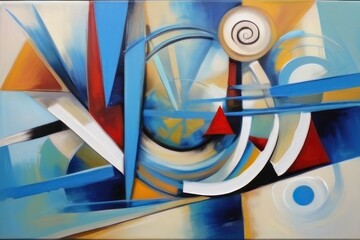 Fototapeta premium An abstract grunge multicolor painting with geometric shapes and stripes, oil on canvas. Contemporary surrealist painting. Modern poster for wall decoration