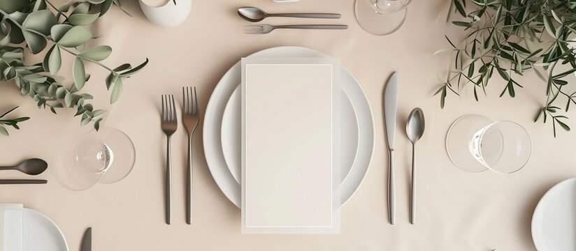 Minimal beige table with blank menu card mockup. Ideal for text placement, wedding invite, Scandinavian-style place setting.