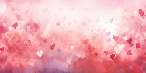 Fototapeten Dreamy Valentine's Day landscape banner filled with heart-shaped balloons floating in a misty, pink-hued sky above soft, rolling clouds.  © Vera