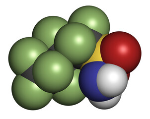 Perfluorobutane sulfonamide molecule. 3D rendering.