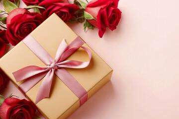 Gold gift box with a pink ribbon sits on a pink surface, surrounded by red roses. Valentine's Day