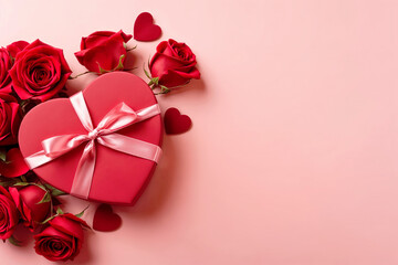 Heart-shaped gift box with a pink ribbon, surrounded by red roses and small red hearts. Valentine's Day - Powered by Adobe
