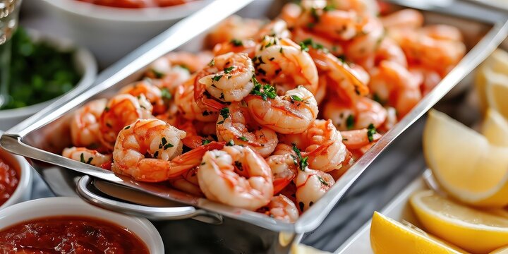 Shrimp Cocktail Bliss - Culinary Fusion of Plump Shrimp, Zesty Cocktail Sauce. Dive into A Flavorful Symphony. Picture the Shrimp Cocktail Bliss in an Elegant Seafood Buffet with Soft Lighting