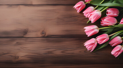  Pink tulips on wooden background with copy space.