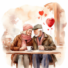 An elderly couple shares a tender moment over coffee, encapsulated in a watercolor vignette with floating heart balloons, celebrating Valentine's day