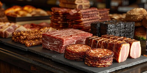 Boczek Brilliance - Culinary Fusion of Smoked Bacon. Dive into A Flavorful Symphony of Salty Goodness. Picture the Boczek Brilliance in a Charming European Deli with Soft Lighting
