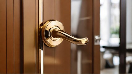 Close up of stylish gold chrome door handle on modern interior door. Stylish light brown door with frosted glass inserts. Concept of catalog of door handles for furniture store.