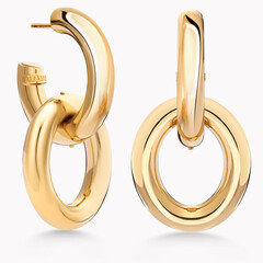 A pair of elegant gold hoop earrings showcased on a clean white background, representing a timeless and versatile jewelry staple.