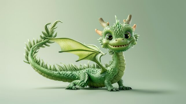 A delightful green dragon whelp stands smiling with wings spread wide, showcasing a whimsical and friendly fantasy design on a matching green background
