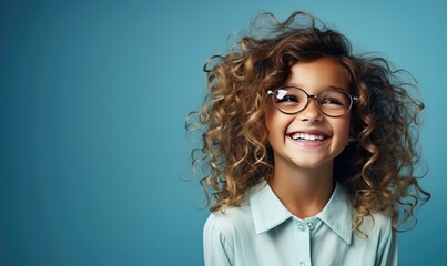 Portrait of a beautiful young girl with curly hair and glasses on a blue background Generative artificial intelligence - obrazy, fototapety, plakaty