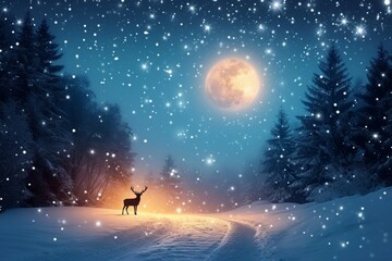 Magical winter night Snow covered landscape with a silhouette Christmas background