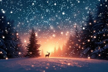 Fototapeta na wymiar Magical winter night Snow covered landscape with a silhouette Christmas background