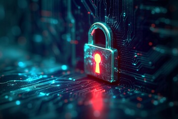 Cybersecurity concept Digital lock and key on an abstract background