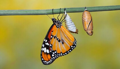 Fototapeta premium Amazing moment ,Large tropical butterfly hatch from the pupa and emerging with clipping path. Concept transformation of Butterfly 