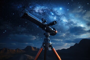 Telescope against the background of the night sky with stars. Astronomy and stars observing concept. Amateur astronomy and space exploration. watching stars and planets.