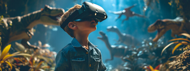 a boy looks into virtual reality glasses against the background of dinosaurs. - obrazy, fototapety, plakaty