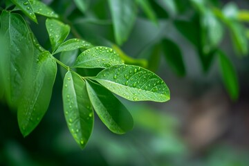 Fototapeta na wymiar Green leaves thrive in a rain soaked area, celebrating natures abundance