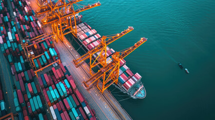 An aerial view shows the complex structure of a seaport with neatly stacked colorful containers, massive cranes and a loading cargo ship	
