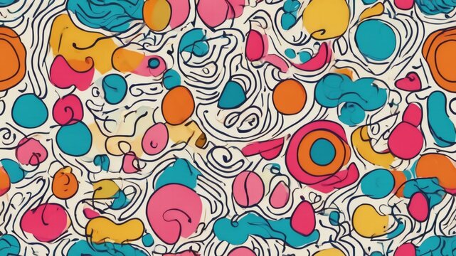 Fun line doodle seamless pattern. Creative abstract squiggle style drawing background for children or trendy design with basic shapes. Simple childish scribble wallpaper print.Ai generative