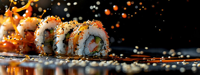 Fresh salmon sushi roll falling on a side dish with soy sauce on a dark background.