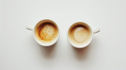 Hyper-realistic stock image of two white ceramic cups filled with freshly brewed coffee and frothy milk
