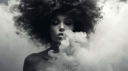 Seductive Euphoria, Enigmatic Woman Exhaling Mystical Smoke With Raven-Hued Tresses