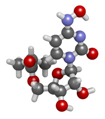Molnupiravir antiviral drug molecule. 3D rendering.