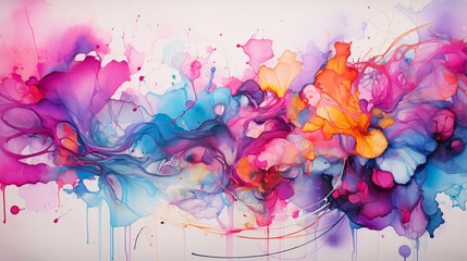 An abstract scene with vibrant watercolor splashes and delicate ink lines, symbolizing creativity - Generative AI