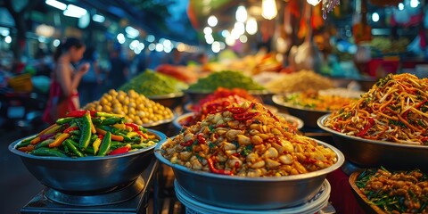 Spicy Elixir Bliss. A Sizzling Symphony of Flavors, Captured in a Visual Feast. Immerse in the Spicy Elixir Culinary Extravaganza in a Lively Bangkok Market with Soft Lighting