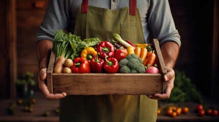A male farmer holds a wooden box of fresh vegetables