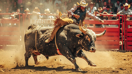 Fototapeta premium A daring rodeo bull rider holding on tight as a massive bull bucks and twists in the arena, showcasing the raw power and excitement of bull riding in rodeo.