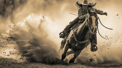 A skilled rodeo cowgirl executing a perfect barrel racing turn, her horse kicking up dust in a blur of motion, showcasing the speed and agility required in rodeo events. - obrazy, fototapety, plakaty