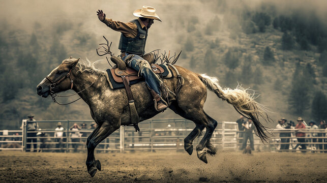 A fearless cowboy atop a spirited bucking bronco, midair during a rodeo rodeo competition, capturing the intense and thrilling moment of the rodeo action.