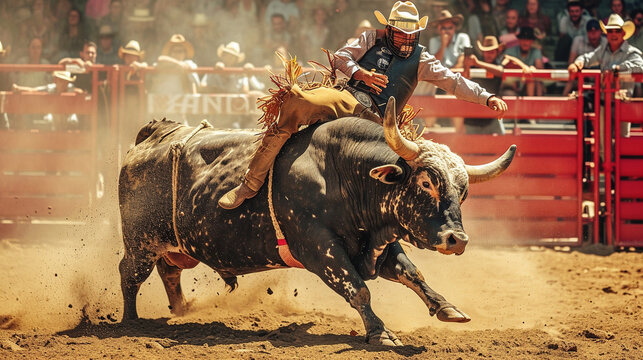 A daring rodeo bull rider holding on tight as a massive bull bucks and twists in the arena, showcasing the raw power and excitement of bull riding in rodeo.